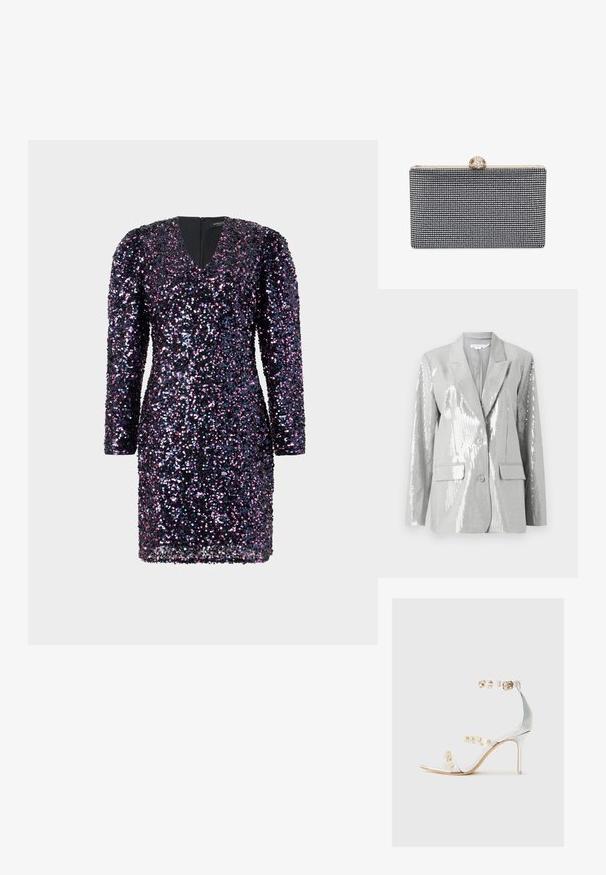 Good American Blazer - grey; Mini-jurk met lange mouwen, een V-hals en een getailleerd silhouet, bedekt met paarse en zwarte pailletten met een textuurovervlakte.; Duidelijke hiel sandaal met transparante banden versierd met gouden studs, slanke hak en open teen ontwerp met een gladde, glanzende afwerking.; Zwarte rechthoekige clutch bedekt met kleine strassteentjes, met een goudkleurige sluiting met decoratieve details bovenop.