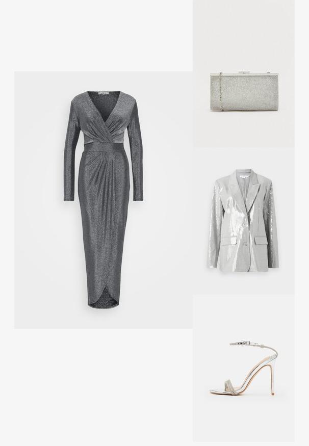 Good American Blejzer - grey; WAL G TALL LOLA GLITTER WRAP DRESS - Oblečenie na špeciálnu príležitosť - silver; Strieborná vysoká sandála na ihlovom podpätku so štíhlym pásikom okolo členku, ozdobným horným pásikom, mandľovým špicom a lesklým, zrkadlovým povrchom.; Strieborná metalická kabelka na clutch s textúrovaným sieťovým povrchom, obdĺžnikového tvaru a odnímateľným reťazovým popruhom. Obsahuje kovové uzatváranie na sponu.