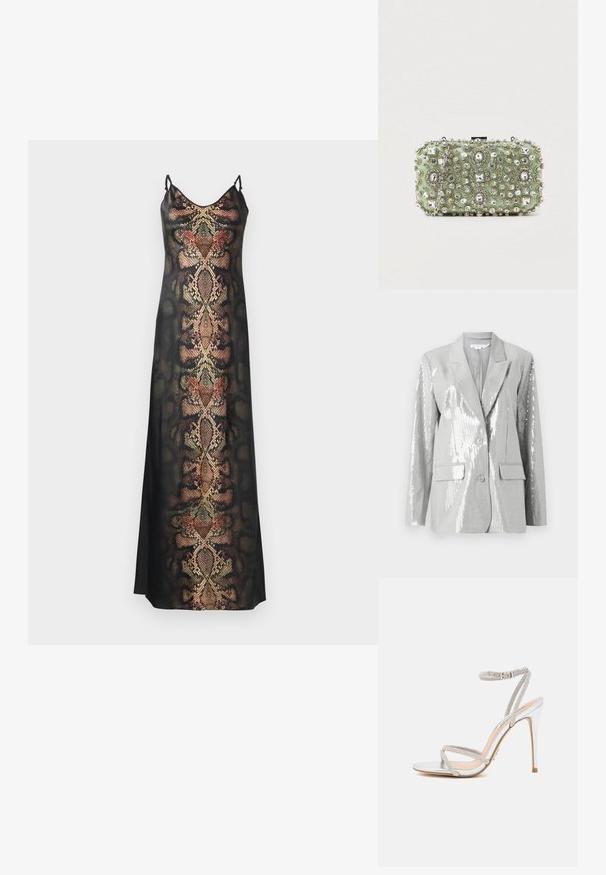 Good American Blazer - grey; Sort slipdress med slangeskinds mønster i jordfarver og metalliske detaljer, med tynde justerbare stropper og en glat tekstur.; Sølv højhælede sandal med tynde stropper, prydet med rhinsten, og med et elegant design og spids tå.; Perlebesat grøn clutch-taske med krystaludsmykninger, rektangulær form, metalspænde og en aftagelig sølvkædesnor.