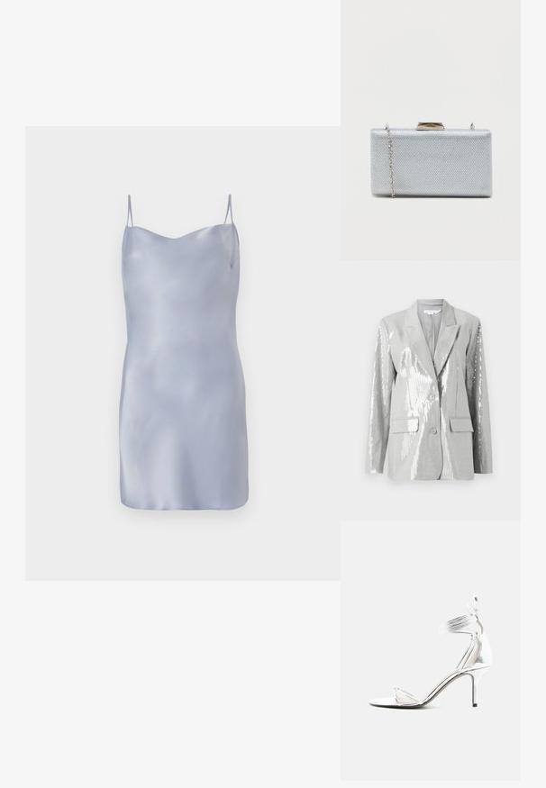 Good American Blazer - grey; Satin glidende kjole i lyseblå med tynde justerbare stropper, en glat og sleek tekstur samt en enkel silhuet.; Sølv højhælede sandal med tynde stropper, ankelrem og slank stiletthæl på en ensfarvet hvid baggrund.; Rektangulær sølvclutch lavet af struktureret metallisk stof, med en klipslukning og et aftageligt kædetræk til at bære.