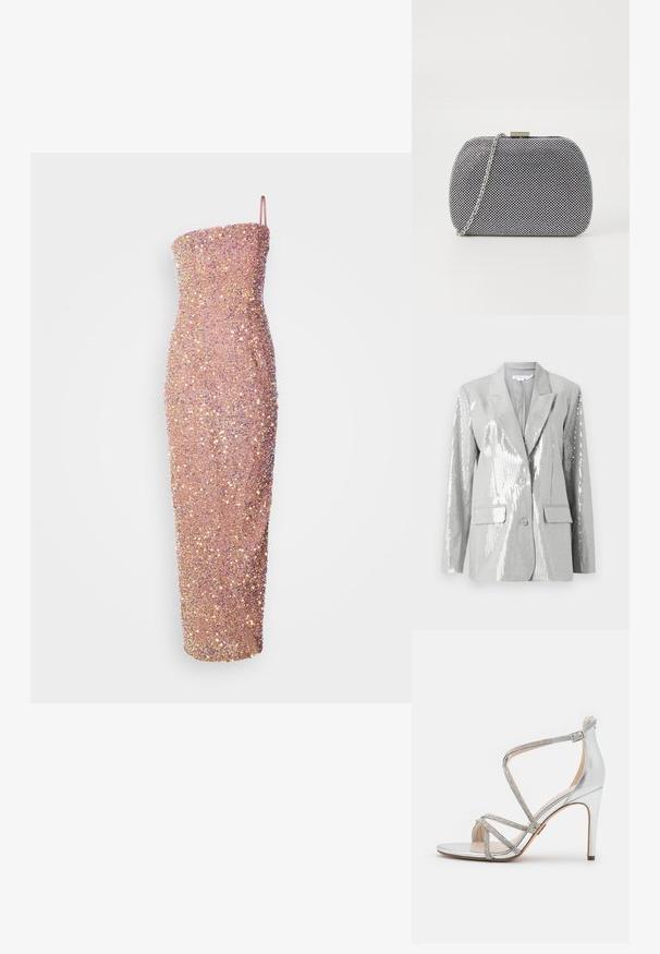Good American Blazer - grey; Mouwloze, aansluitende midi-jurk in lichtroze, versierd met pailletten voor textuur en glans. Slanke silhouet met een rechte halslijn.; Zilveren sandaal met hoge hak en dunne strassbandjes die over de tenen en rond de enkel kruisen, met een zijgesp sluiting.; Zwart-witte textuur clutch tas met een ronde vorm, zilveren kettingband en een metalen sluiting aan de bovenkant.