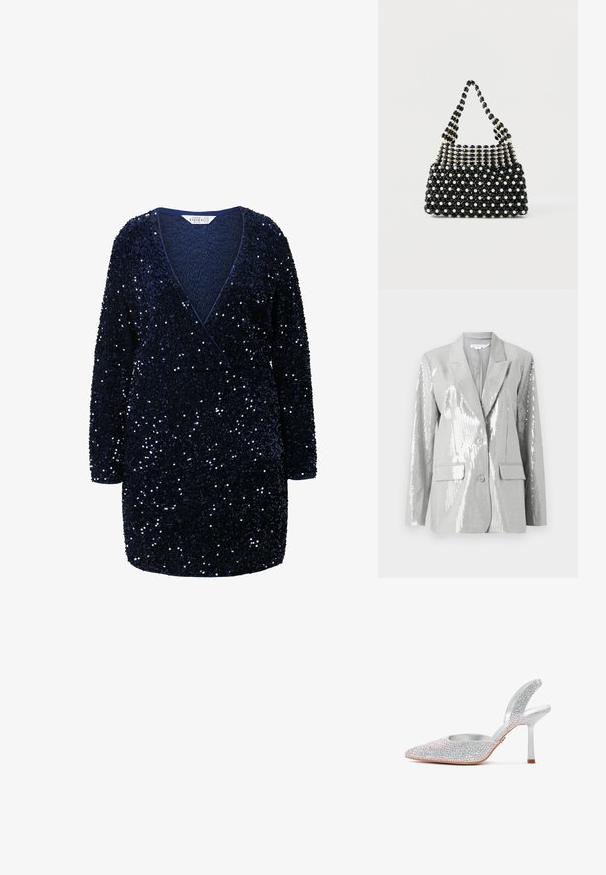 Good American Blazer - grey; Mørkeblå, palietteret kjole med lange ærmer, omslagsdesign, dyb V-hals og struktureret stof, der har en tætsiddende talje og løs kant.; Sølvfarvet højhælet slingback-sko dækket af glitrende rhinsten med spids tå og slank hæl på hvid baggrund.; Sort-hvid perlebesat håndtaske med kort håndtag, der har skiftevis perleagtige og sorte facetterede perler i et ternet mønster.
