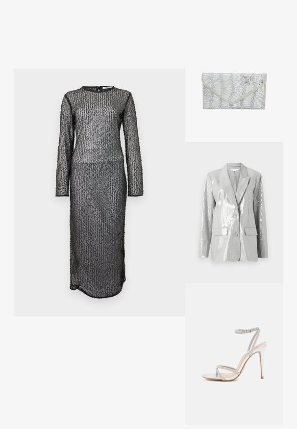Good American Blazer - grey; Schwarzes, langärmliges, bodenlanges Kleid aus strukturiertem, transparentem Stoff mit Pailletten in geometrischem Muster und einem Reißverschluss im Rücken.; Silberne High-Heels-Sandalen mit dünnen Riemen, verziert mit Strasssteinen, mit einem eleganten Design und einer spitzen Zehenpartie.; faina Clutch - silver coloured
