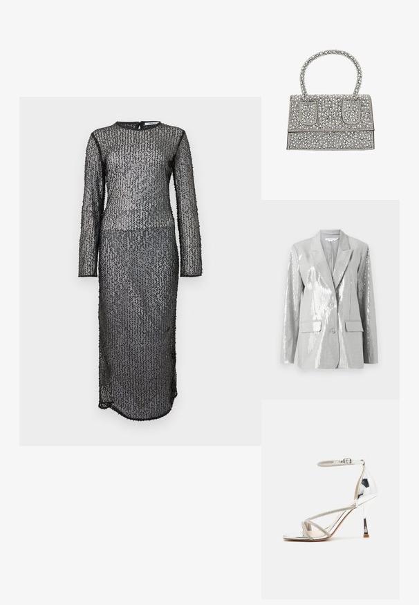 Good American Blazer - grey; Robes noires à manches longues, longue jusqu'au sol, avec un tissu texturé et transparent comportant des sequins dans un motif géométrique et une fermeture éclair au dos.; Sandale à talons hauts en argent avec un design à lanières, en matériau scintillant, accents en strass et une fine bride à la cheville. Bout carré et talon poli.; Sac à main noir orné de nombreux petits embellissements ronds, présentant une forme rectangulaire structurée et une anse courbée.