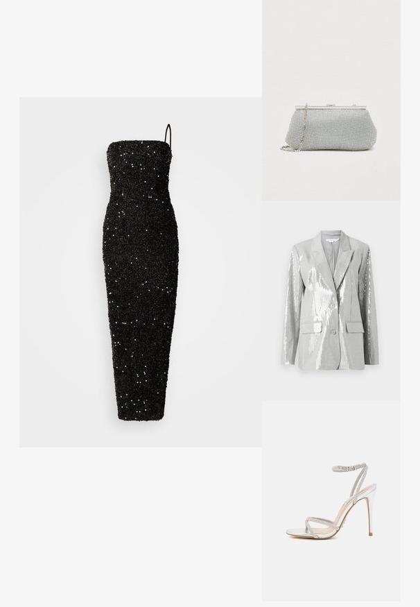 Good American Blejzer - grey; Jarlo CLEMENT - Oblečenie na špeciálnu príležitosť - black; Strieborná sandál s vysokým podpätkom a tenkými remene, zdobený rhinestones, s elegantným dizajnom a špicatou špičkou.; Strieborná sieťová spojka s okrúhlym tvarom, kovovým rámom a odnímateľným reťazcom. Obsahuje trblietavé detaily a hladký povrch.