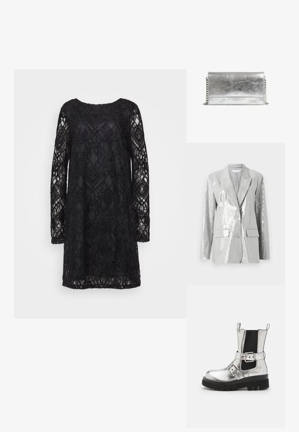 Good American Blazer - grey; Schwarzes Spitzenkleid mit geometrischem Muster, langen Ärmeln und Rundhalsausschnitt, mit transparenter Textur und fester Unterlage.; Silberne metallische Knöchelstiefel mit einem schwarzen elastischen Seitenpanel, schwarzer voluminöser Sohle und einem Riemen mit einer Schnallenakzent. Glatte Textur.; Rechteckige silberne Leder-Clutch mit Klappverschluss und Kettenriemen, vorne mit kleinem Ted Baker London Logo.