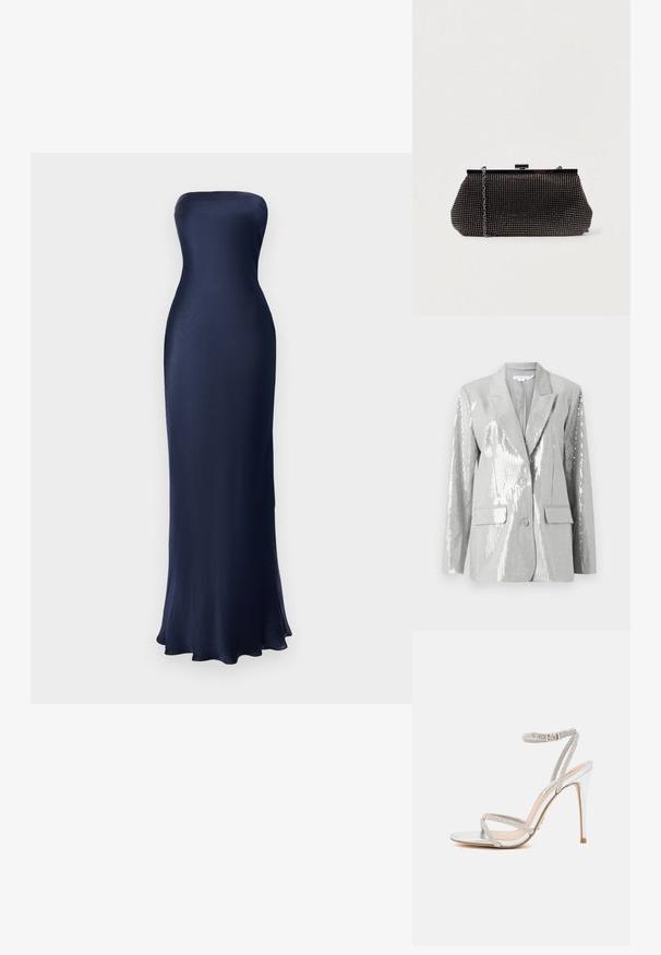 Good American Σακάκι - grey; Αυτό το strapless, μακρύ φόρεμα σε σκούρο μπλε χρώμα διαθέτει ομαλή, γυαλιστερή ύφανση με εφαρμοστή σιλουέτα και φαρδύ στρίφωμα. Έχει μινιμαλιστικό σχεδιασμό, χωρίς ορατά μοτίβα.; Ασημένιο πέδιλο με ψηλό τακούνι και λεπτές ζώνες, διακοσμημένο με κρύσταλλα, με κομψό σχέδιο και μυτερή μύτη.; Μαύρη τσάντα χειρός από δίχτυ με δομημένη σιλουέτα, διακοσμημένη με μικρές μεταλλικές σόλες, διαθέτει κλείσιμο με κούμπωμα και αποσπώμενη αλυσίδα.