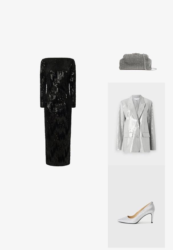 Good American Blazer - grey; Schwarz mit Pailletten verzierter Kleid mit langen Ärmeln, schulterfreier Ausschnitt und gerader Silhouette; verfügt über eine strukturierte, schimmernde Oberfläche.; Silberne Glitzer-Pumps mit hohen Absätzen, spitz zulaufender Zehenpartie und glattem Innenfutter. Der Absatz ist schmal und betont das elegante Design.; Reiss ADALINE EMBELLISHED - Clutch - silver coloured