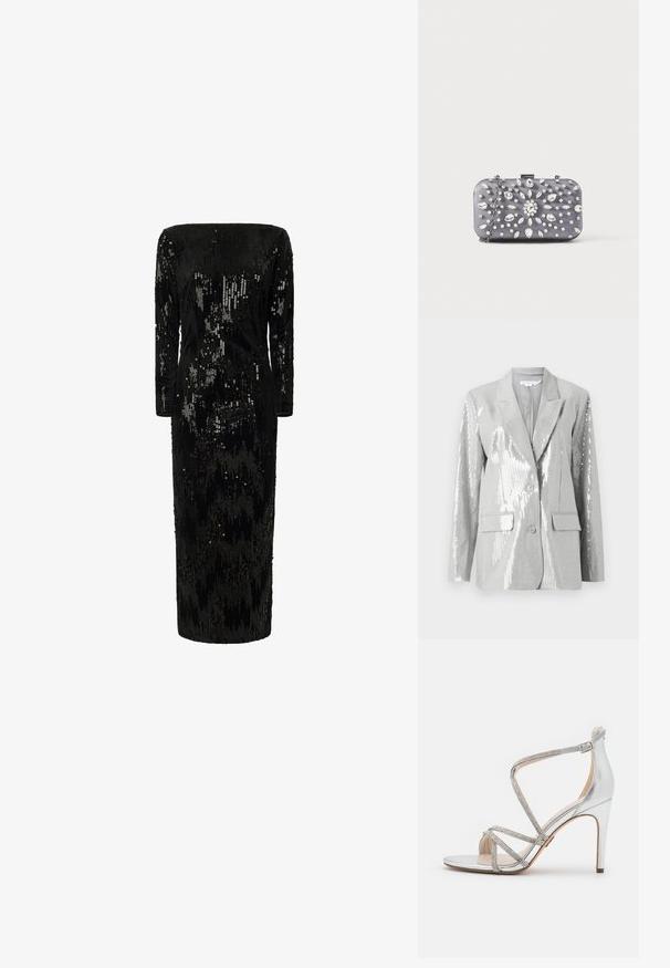 Good American Blazer - grey; Zwarte jurk met pailletten, lange mouwen, off-the-shoulder halslijn en rechte silhouet; heeft een gestructureerd, glinsterend oppervlak.; Zilveren sandaal met hoge hak en dunne strassbandjes die over de tenen en rond de enkel kruisen, met een zijgesp sluiting.; Kleine rechthoekige donkergrijze clutch versierd met heldere strass-steentjes in een uitstralend patroon en een zilveren kettingband.