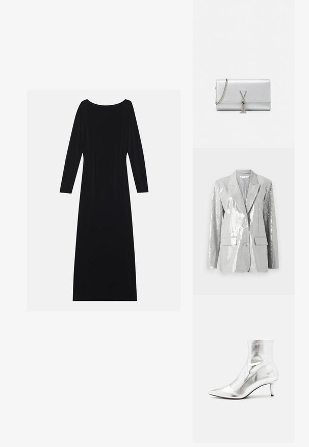 Good American Blazer - grey; Robe noire à manches longues avec un décolleté rond, réalisée en tissu doux. Elle présente une silhouette fluide et un design minimaliste sans motifs.; Bottine métallique argentée avec un bout pointu et un talon fin. Présente un ajustement snug et une texture lisse et brillante. Accent de couture en haut.; Sac à main argenté avec finition texturée, doté d'une bandoulière en chaîne et d'un accent de frange avec un détail matériel en "V" sur le devant.