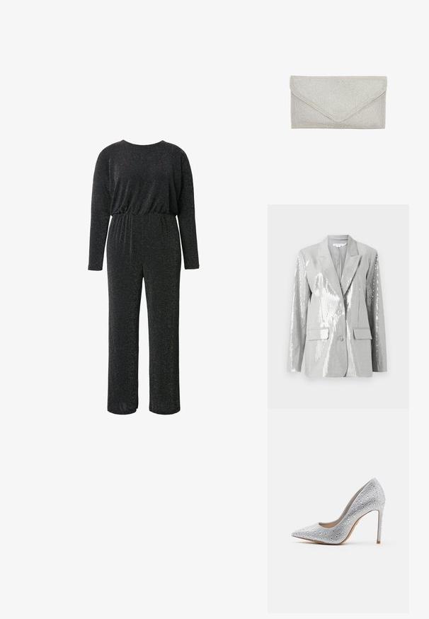 Good American Blazer - grey; Sort jumpsuit lavet af et struktureret, glitrende stof, med lange ærmer, rund halsudskæring, elastisk talje og vide benåbninger.; Sølv højhælede pumper med spids tå, prydet med rhinsten, glat tekstur og en stiletto-hæl, der taperer til en smal base.; Sølv clutch taske med en tekstureret overflade af små, skinnende perler. Har en kuvertform og en trekantet flaplukning.