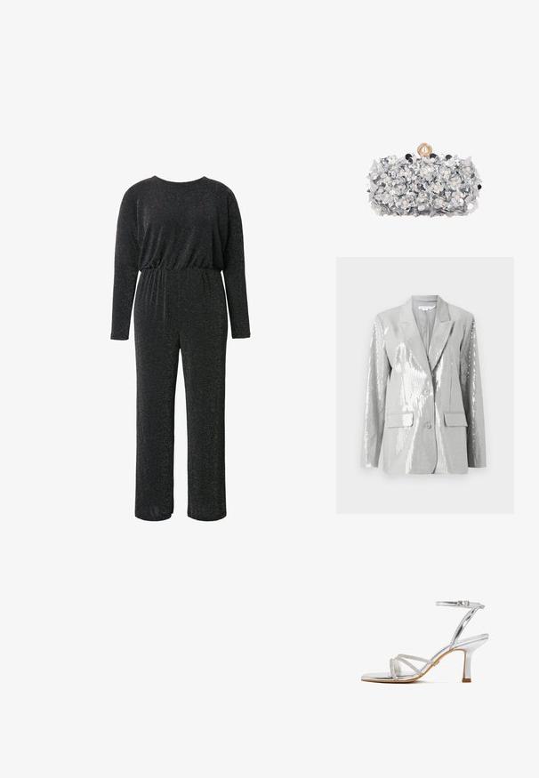 Good American Blazer - grey; Sort jumpsuit lavet af et struktureret, glitrende stof, med lange ærmer, rund halsudskæring, elastisk talje og vide benåbninger.; Sølvfarvet sandal med hæl, tynde stropper med rhinsten foran og ankelrem med spænde samt buet hæl i middels højde på tanfarvet sål.; Rektangulær sølvclutch dekoreret med lagdelte metalliske blomster og små perler, med en stor perle-lukning på toppen.