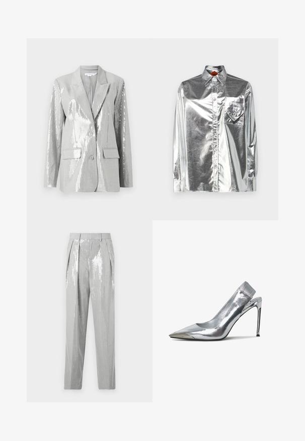Good American Blazer - grey; MCM METALLIC SHIRT - Skjortebluser - silver; Good American SUITING GOOD TROUSER - Bukser - grey; Sølv slingback højhælede sko med spids tå og metallisk finish. Har et strømlinet design og minimalistiske detaljer på hælen.