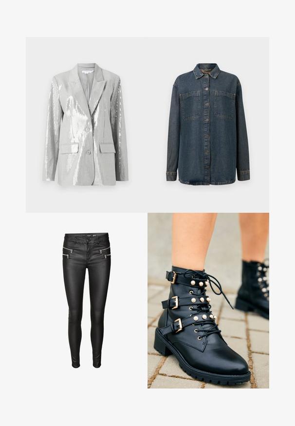 Good American Bleiseri - grey; Tummansininen farkkutakki nappiovella, kahdella rintataskulla, pitkät hihat ja klassinen kaulus. Pehmeä rakenne, jossa on vähäistä kulumaa.; Vero Moda VMSEVEN ZIP PANT - Skinny-Farkut - black; Mustat nahkakengät nilkkoihin, joissa on kultaiset yksityiskohdat, kolme säädettävää hihnaa ja helmikoristeet. Kuvioitu pohja pitoa varten.