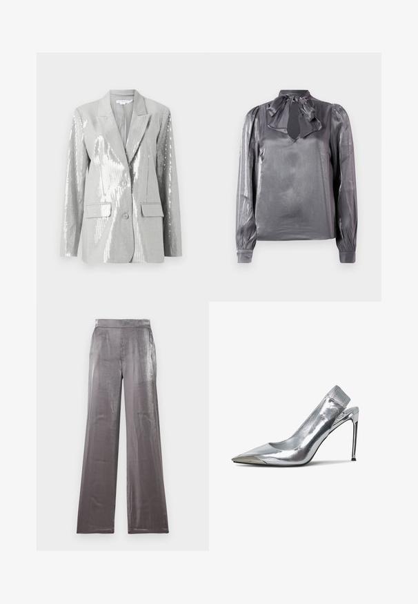 Good American Blazer - grey; Blusa de satén gris con cuello de lazo, corte en forma de llave y mangas largas con puños elásticos. Textura suave y ligero brillo.; Pantalones de pierna ancha en una tela plateada brillante. Presentan una textura suave con una cinturilla plana y sin bolsillos visibles.; Zapato de tacón alto plateado tipo slingback con punta afilada y acabado metalizado. Presenta un diseño elegante y acentos minimalistas en el tacón.