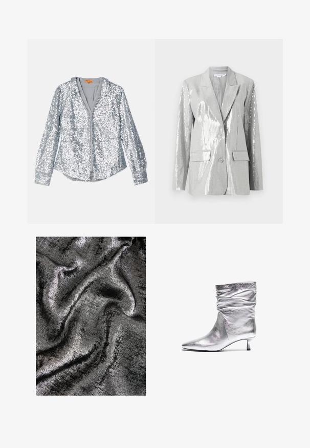 Good American Blazer - grey; Sølvfarvet jakke med paljetter, lange ærmer, knaplukning foran og krave. Blødt indvendigt for og elastiske manchetter med en glat tekstur.; Sort og sølv struktureret stof med en glitrende finish, der har glatte, flydende bølger og en subtil glans.; Sølvmetallic ankelstøvle med slouchy top, spids tå, kitten heel og glat tekstur. Har en blank finish og minimalistisk design.
