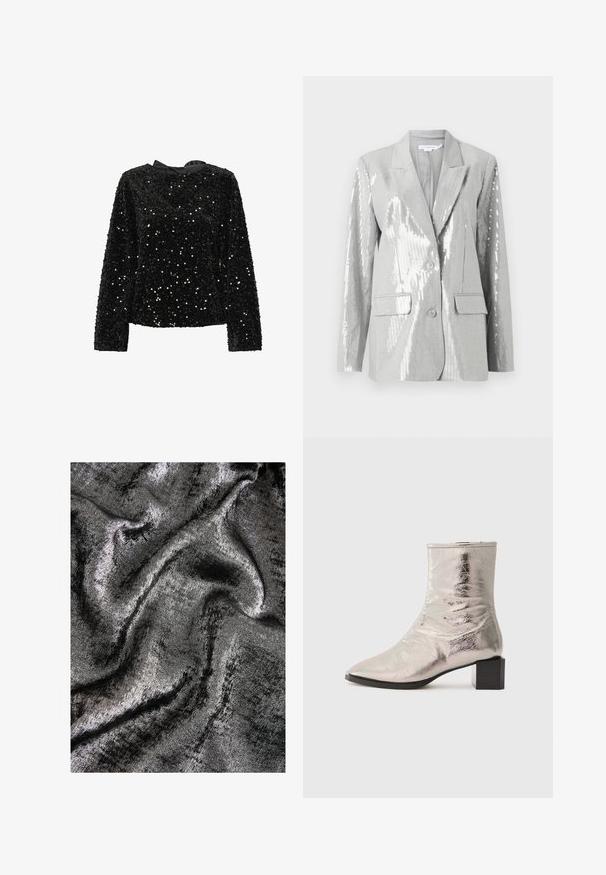 Good American Blazer - grey; Zwarte pailletten top met lange mouwen, ronde halslijn en satijnen lint aan de achterkant. Gelaagd oppervlak met afwisselende paillettenformaten voor glans.; Zwarte en zilveren geweven stof met een glanzende afwerking, met gladde, vloeiende golven en een subtiele glans.; Metalen zilveren enkelboot met een puntige neus en blokhak. Gladde textuur, slank ontwerp en minimalistische stikdetails.