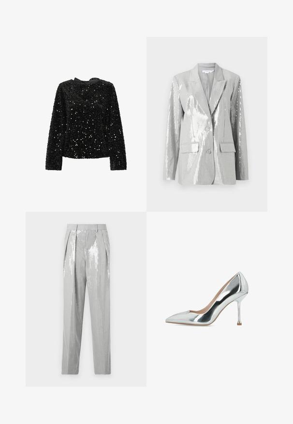 Good American Blazer - grey; Sort, palæret langærmet bluse med rund halsudskæring og satinbånd bagpå. Tekstur overflade med varierende størrelser af pailletter til glans.; Good American SUITING GOOD TROUSER - Bukser - grey; Sølvmetallic pumps med spids tå og høje hæle, en slank stilet-hæl og en glat, skinnende finish.