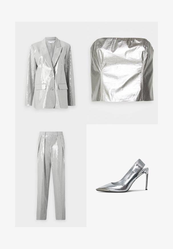 Good American Blazer - grey; Gina Tricot TUBE - Top - silver-coloured; Good American SUITING GOOD TROUSER - Pantalones - grey; Zapato de tacón alto plateado tipo slingback con punta afilada y acabado metalizado. Presenta un diseño elegante y acentos minimalistas en el tacón.