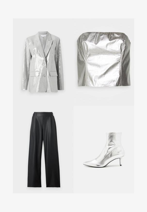 Good American Blazer - grey; Gina Tricot TUBE - Top - silver-coloured; Pantalones anchos de cuero sintético negro con cintura alta, detalles de botones en la cintura y pliegues delanteros.; Bota de tobillo metálica plateada con punta afilada y tacón delgado. Presenta un ajuste ceñido y una textura suave y brillante. Detalles de costura en la parte superior.