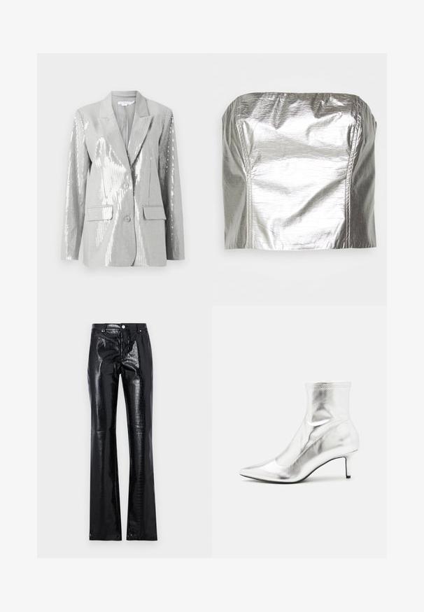 Good American Σακάκι - grey; Gina Tricot TUBE - Μπλούζα - silver-coloured; Μαύρο, ψηλόμεσο παντελόνι που είναι φτιαγμένο από γυαλιστερή ψεύτικη δερματίνη, με υφή κροκόδειλου, λεπτή εφαρμογή και σχέδιο φούσκας στο κάτω μέρος.; Ασημί μεταλλική μπότα μέχρι τον αστράγαλο με μυτερή μύτη και λεπτό τακούνι. Διαθέτει εφαρμογή που αγκαλιάζει το πόδι και λείο, γυαλιστερό υλικό. Ραφές στην επάνω πλευρά.
