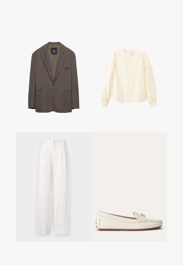 Blazer marron à un bouton avec revers crantés, deux poches à passepoil à l'avant et une poche poitrine, fabriqué par Pull&Bear.; Blouse à manches longues couleur crème avec détails en dentelle sur le devant et les manches, col rond et poignets à revers.; Pantalons blancs à jambes larges en tissu lisse et texturé, présentant un motif floral subtil et un design plissé à l'avant.; Mocassin en cuir blanc avec semelle en caoutchouc couleur tabac et petit détail de boucle dorée sur le dessus, présenté de côté sur un fond uni.