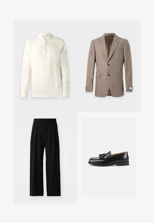 Blazer marrón de hombre con dos botones, solapa con muesca, bolsillos con solapa y forro interior marrón liso, mostrado sobre un fondo blanco.; Camisa de manga larga en algodón color crema claro, con cuello mandarín, tapeta de tres botones y un acabado texturizado.; Pantalones de pierna ancha negros con una textura suave, que cuentan con dos pliegues frontales, cierre de botón y bolsillos laterales. Tejido duradero.; Mocasines de cuero negro con un acento de borlas, punta redondeada y un acabado suave. La suela es plana con un patrón de relieve mínimo.