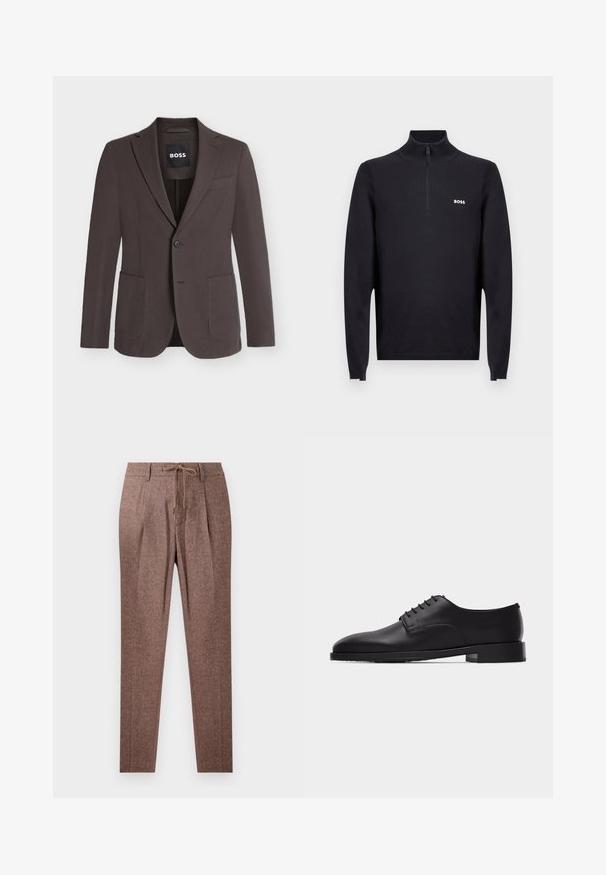 Dunkelbrauner einreihiger Blazer mit Kerbkragen, zwei aufgesetzten Taschen vorne, einer Brusttasche und Knopfverschluss, mit BOSS-Etikett innen am Kragen.; Schwarzer Strickpullover mit Reißverschluss am Hals aus festem Stoff, mit strukturiertem Kragen und Bündchen. "BOSS"-Logo auf der linken Brust.; Braune, strukturierte Hose mit Fischgrätenmuster, ausgestattet mit einem Kordelzugbund und zwei vorderen Falten. Gerades Bein Design.; Schwarzer Herrenschuh aus Leder im Oxford-Stil mit geschlossener Schnürung und niedrigem, gestapeltem Absatz, seitlich auf weißem Hintergrund dargestellt.