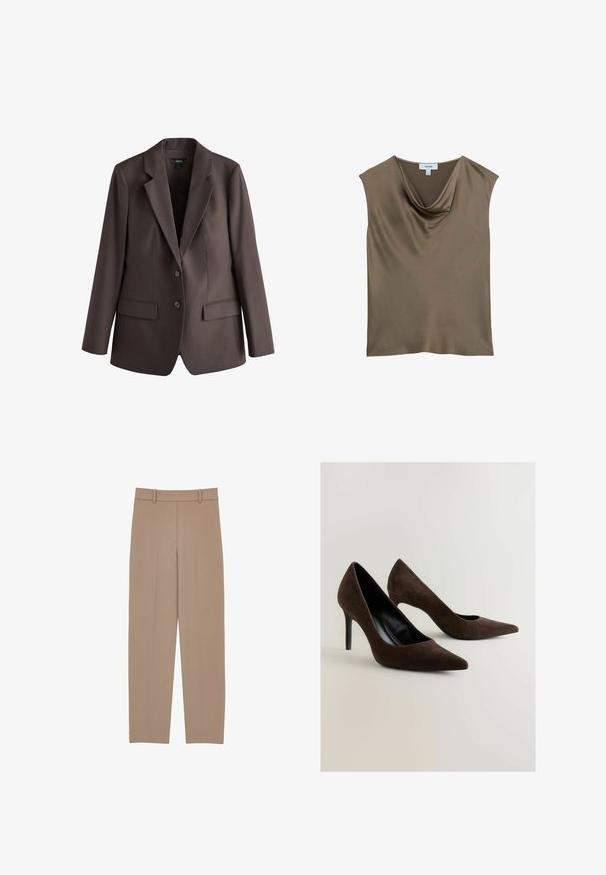 Mørkebrune skræddersyede blazer med to knapper og klaplommer, med en hakkrave og lange ærmer.; Ærmeløs taupe satinsbluse med draperet halsudskæring og en glat, flydende tekstur.; Beige skræddersyede bukser med lige ben, der har en plisseret front, bæltestropper og subtile syninger. Glat, letvægtigt stof.; Brune ruskind høje hæle med spidse tæer og en slank silhuet. Skoene har en blank sort indvendig og en slank stiletto hæl.