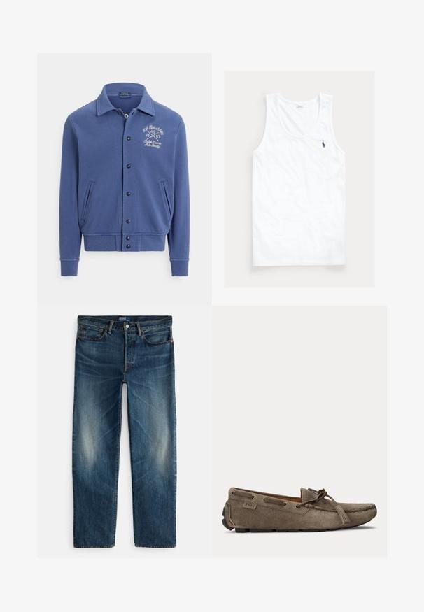 Marineblå sweatshirtjakke, bomuldsmateriale, knappet front, to sidelommer, ribkant ved ærmer og kant, med broderet logo på brystet.; Hvid ærmeløs tanktop med rund halsudskæring og lille mørkeblå Polo Ralph Lauren hestelogo på venstre bryst.; Indigo blå denimjeans med straight-leg design, fem-lomme stil og subtil falmning på lårene. Metallknap og lynlås lukning.; Lysebrun ruskindsslipper med snøre- og duskedetalje, syet moc-tå og gummiydersål, sidevisning.