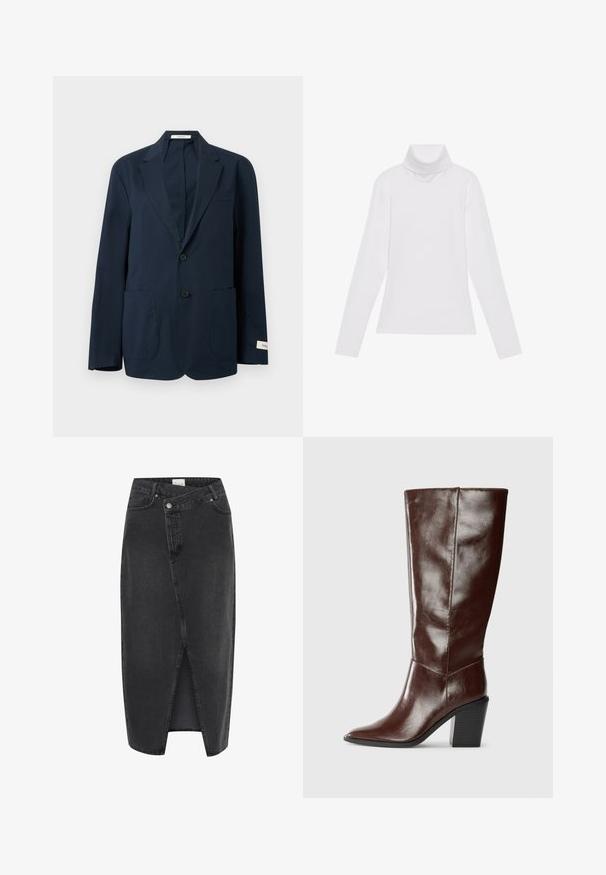 Donkerblauw herenblazer met twee knopen, notched revers en twee voorste opgestikte zakken op een effen achtergrond.; Witte lange mouw turtleneck top gemaakt van glad, elastisch materiaal. Voorzien van een hoge kraag en een getailleerd ontwerp, zonder zichtbare patronen of versieringen.; Zwarte denim midi-rok met een split aan de voorkant, gestructureerde pasvorm en klassiek vijf-pocket ontwerp. Voorzien van een knoop- en ritssluiting.; Hoge donkerbruine leren laars met een spitse neus en een gestapelde blokhak, vanuit de zijkant weergegeven op een effen achtergrond.