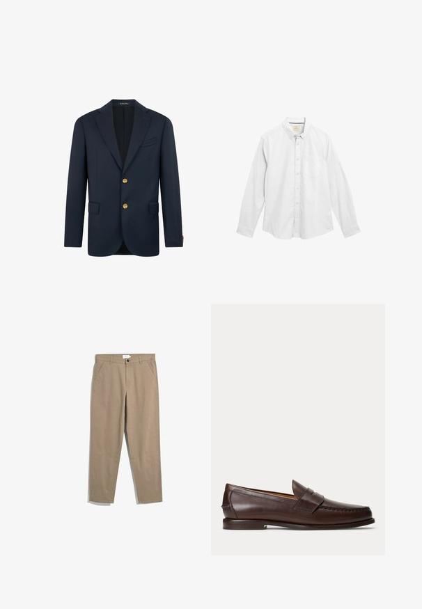 Marineblauwe blazer van gladde stof, met een enkelgeknoopte stijl, notched lapels, twee voorkanten zakken en gouden knopen.; Wit overhemd met lange mouwen, gemaakt van gestructureerd katoen, voorzien van een kraag, een borstzak en subtiele stikseldetails.; Farah NORWOOD - Broek - beige; Donkerbruine leren penny loafer met stikseldetails en lage gestapelde hak, van opzij gezien op een effen achtergrond.