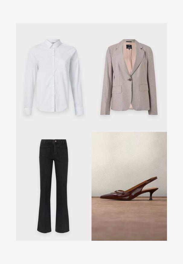 Enkeltknappet beige og brun ternet blazer med hakkede revers og to frontlommer med klap, foret med lys rosa stof.; Hvid langærmet skjorte lavet af bomuld, med krave, knaplukning foran og en enkelt brystlomme. Glat tekstur. Ingen mønstre.; Sorte højtaljede flare jeans med to baglommer, bæltestropper og lukning med knap og lynlås foran på en hvid baggrund.; Mørkebrune slingback-pumps i laklæder med spids tå, lav lille hæl og lille dekorativ spænde på overdelen.