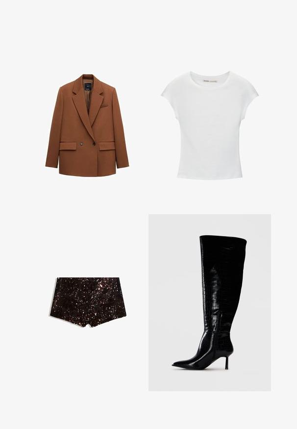 Blazer marron à double boutonnage avec revers crantés, deux poches avant à rabat, une poche poitrine, et fermeture par boutons, présenté sur un fond blanc.; T-shirt en coton blanc avec manches courtes retroussées, encolure ronde et ourlet droit. Texture lisse sans motifs ni accents visibles.; Shorts en sequins dans des teintes noires et bronzées, présentant une surface texturée avec un éclat scintillant et un ourlet droit.; Bottes noires montantes en cuir verni avec un motif crocodile. Bout pointu et talon fin ; dotées d'une fermeture éclair sur le côté.
