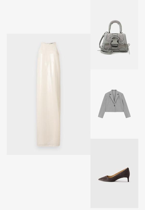 Lysegrå cropped blazer med lange ærmer, hakkrave, en sort knap og en brystlomme på hvid baggrund.; Lang, ærmeløs kjole i et skinnende, off-white materiale med høj halsudskæring og lige silhuet, med en subtil glansstruktur.; Mørkebrun ruskind stiletto-pumps med spids tå og lav hæl, med en slank hæl og glat tan indvendig foring, vist i profil på en neutral baggrund.; Grå tekstureret håndtaske med en polstret hank, mesh-detaljer, justerbar rem og en frontlås. Kompakt design med en afrundet form.