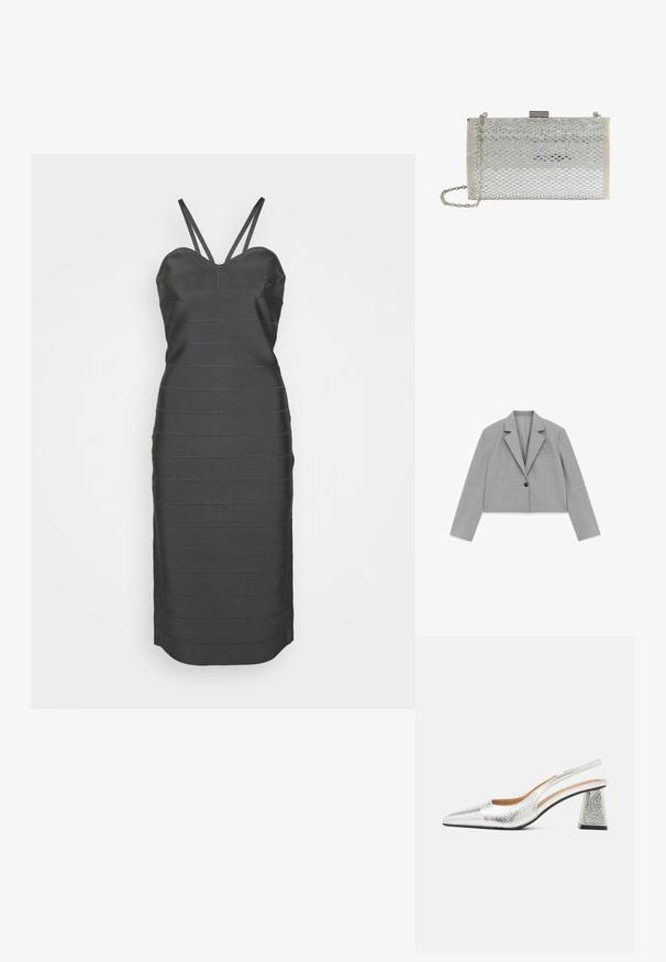 Lysegrå cropped blazer med lange ærmer, hakkrave, en sort knap og en brystlomme på hvid baggrund.; Hervé Léger ICON STRAPPY SWEETHEART MIDI DRESS - Jerseykjole - charcoal; Sølv slingback stiletto med spids tå, teksturelt metallic finish og en triangulær blokhæle. Indersiden har brune læderdetaljer.; Rektangulær sølv clutchtaske med vævet mønster, metalspænde og tynd kæderem.