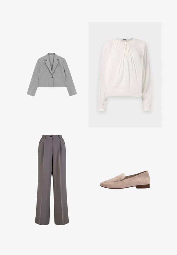 Lysegrå cropped blazer med lange ærmer, hakkrave, en sort knap og en brystlomme på hvid baggrund.; Hvid langærmet bluse med rund halsudskæring og plisseret front. Blødt, glat stof med afslappet pasform og knapdetalje ved kraven.; Bredbukser i gråt stof med for-pletninger, en enkelt knaplukning og sidelommer. Glat tekstur og skræddersyet design.; Beige loafer i ruskind med lav hæl og flad sål, afrundet tå og ren syning, vist fra ydersiden på en hvid baggrund.