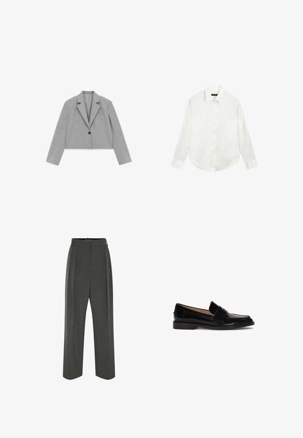 Lichtgrijs cropped blazer met lange mouwen, revers met inkeping, één zwarte knoop en een borstzak op een witte achtergrond.; Witte blouse met lange mouwen, kraag en manchetten, plat gelegd met de knopen dicht aan de voorkant in het midden.; Grijze wijde broek van gestructureerde stof, met een hoge taille en plooien aan de voorkant. Het ontwerp heeft een gladde tailleband en geen zichtbare sluitingen.; Zwarte leren instappers met een gladde afwerking, ronde neus en een decoratief bandje over de voorkant. Ontwerp met lage blokhak.