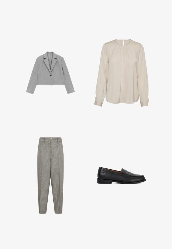 Lichtgrijs cropped blazer met lange mouwen, revers met inkeping, één zwarte knoop en een borstzak op een witte achtergrond.; InWear DOTAIW PLEAT - Blouse - french nougat; Grijze gestreepte broek met een taps toelopende pijp, platte voorkant, riemlussen en een gladde textuur. Geen zichtbare zakken of hardwaredetails.; Zwarte leren pennyloafer met lage hak, ronde neus en banddetail op het gladde bovenwerk, getoond in zijaanzicht links.