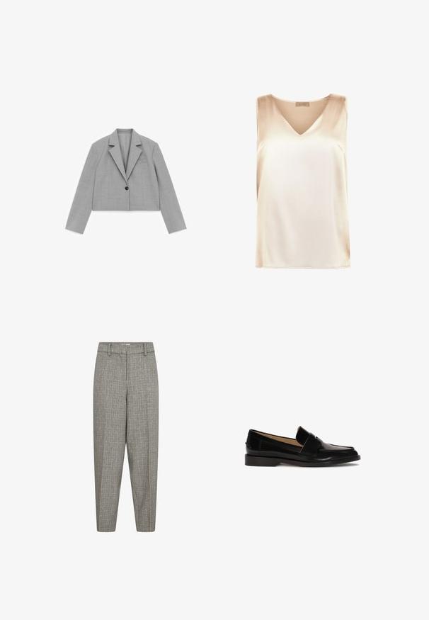 Lysegrå cropped blazer med lange ærmer, hakkrave, en sort knap og en brystlomme på hvid baggrund.; Beige ærmeløs top lavet af glat stof med v-hals design og lige kant. Minimalistisk stil uden yderligere mønstre eller accenter.; Grå mønstrede bukser med en tapered ben, flad front, bæltestropper og en glat tekstur. Ingen synlige lommer eller hardwaredetaljer.; Sorte læder loafers med glat finish, afrundet tå og en dekorativ rem over fronten. Lav blokhælsdesign.