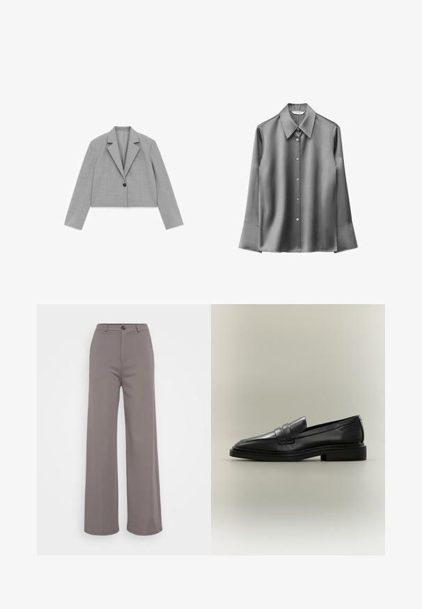 Blazer gris clair court à manches longues, revers à crans, un bouton noir et une poche poitrine sur fond blanc.; Chemise longue en satin gris à manches longues, dotée d'un col pointu, d'une fermeture à boutons et de détails aux poignets évasés. Texture lisse avec un léger éclat.; Pantalons à jambe large en tissu gris doux. Dotés d'une fermeture à bouton et de coutures nettes. Texture lisse sans motifs ni embellissements visibles.; Mocassin penny en cuir noir avec petit talon, bout arrondi et détails cousus sur fond neutre.