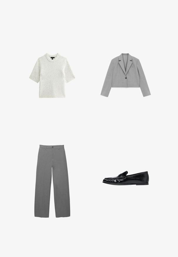 Lichtgrijs cropped blazer met lange mouwen, revers met inkeping, één zwarte knoop en een borstzak op een witte achtergrond.; Korte mouwen, lichtgrijze trui gemaakt van zacht breimateriaal. Heeft een ronde halslijn en een ontspannen pasvorm, met een gladde textuur.; Lichtgrijze broek met wijde pijpen van een gladde, gestructureerde stof, voorzien van een knoopsluiting aan de voorkant en riemlussen in de taille.; Zwarte leren loafer met mocassiennaad en een platte zool, gezien vanaf de rechterkant tegen een witte achtergrond.