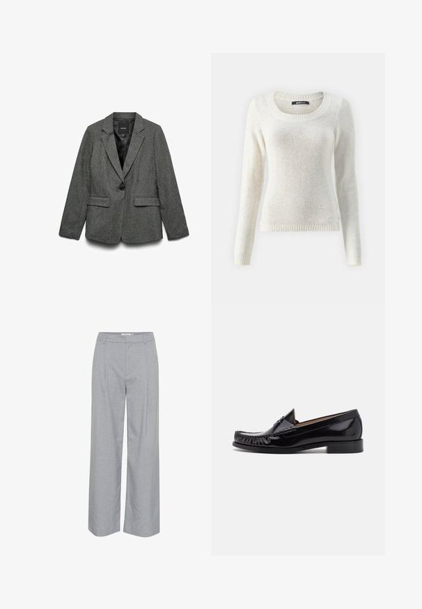 Grijze blazer met een gestructureerde stof, enkele knoopsluiting, twee voorzakken en een revers met inkeping. Gevoerd interieur.; Lichtbeige trui met lange mouwen, brede ronde hals, ribgebreide mouwen en zoom; zachte textuur met een licht donzige afwerking.; Lichtgrijze, wijde broek met een zachte textuur, voorzien van voorplichten en een platte tailleband. Minimalistisch ontwerp, geen zichtbare hardware.; Zwarte leren mokassin met een glanzende afwerking, voorzien van franjes aan de voorkant en een lage gestapelde hak.