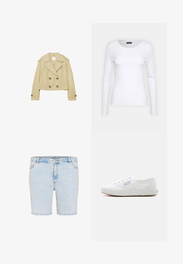 Beige cropped trenchcoat met dubbele rij knopen, brede revers, schouderepauletten en geribbelde manchetten met knopen.; Witte geribbelde langemouwen top met een ronde halslijn. Gemaakt van een rekbare stof die het lichaam volgt. Heeft subtiele horizontale lijnen.; Lichtblauwe denim shorts met een rechte snit, vijf zakken en zichtbare stiksels. Voorzien van een knoop- en ritssluiting.; Witte lage canvas sneaker met witte rubberen zool, veters en "Superga" logo aan de zijkant.