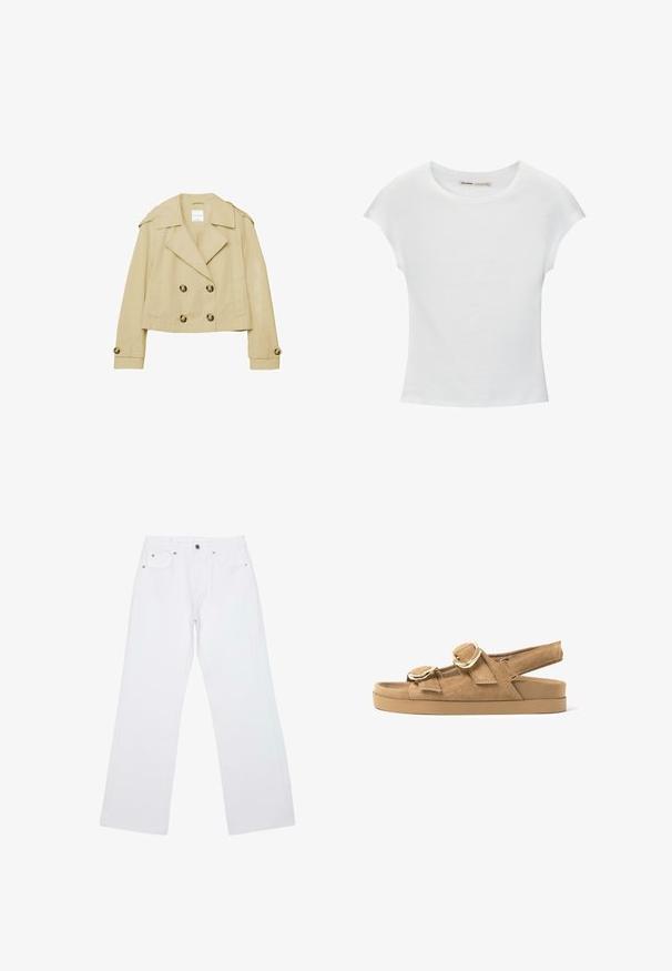 Trench-coat beige court avec fermeture à double boutonnage, larges revers, épaulettes et poignets à boutons.; T-shirt en coton blanc avec manches courtes retroussées, encolure ronde et ourlet droit. Texture lisse sans motifs ni accents visibles.; Jean droit blanc avec cinq poches, passants de ceinture et fermeture avant par bouton et zip, posé à plat sur un fond blanc.; Sandale plate en daim beige avec deux larges brides dotées de boucles dorées et une bride arrière réglable sur une semelle épaisse en caoutchouc.