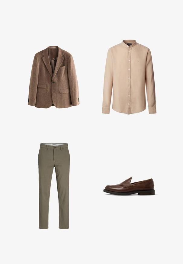Brun tweed blazer med notchede lapeller, to frontlommer, enkelt knaplukning og tekstureret stof. Glat brun foring synlig.; Beige langærmet skjorte med knapper og mandarinkrave samt lille broderet logo på venstre bryst.; Olivenfarvede, slim-fit bukser lavet af bomuld, med lynlås og knaplukning samt sidelommer. Glat tekstur med rene sømme.; Brune læder loafers med en rund tå, indsat syningsdetalje og en lav stablet hæl. Glat tekstur og minimalistisk design.