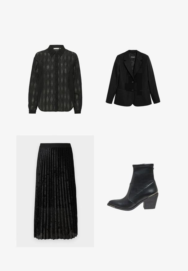 Sort stribet blazer med et hakket revers, lukkes med en enkelt knap og har et asymmetrisk lap-design foran.; Sort skjorte med knapfront lavet af gennemsigtig stof med et diamantmønster og spidse kraver. Lange ærmer med knapmanchetter.; Sort plisseret nederdel lavet af sammet, med en struktureret overflade og glitrende dekorationer jævnt fordelt over stoffet.; Sort læder ankelstøvle med spids tå, lynlås i siden og kraftig træhæl. Har en metallisk detalje på hælen. Glat tekstur.