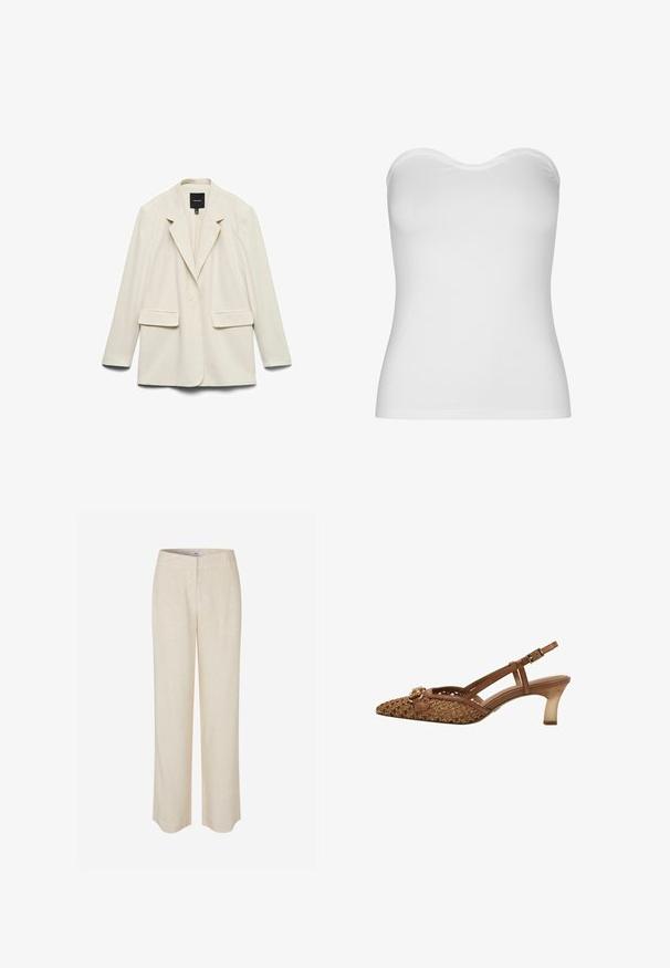 Blazer beige à un bouton avec revers crantés, poches à rabat et manches longues, posé à plat sur fond blanc.; Haut blanc sans bretelles fabriqué en tissu léger et extensible. Présente une texture lisse, un col incurvé et un design ajusté. Pas de coutures visibles.; Pantalon en lin beige à coupe droite, avec une texture lisse et un léger éclat. Comprend une ceinture et des poches avant discrètes.; Chaussure slingback tissée marron avec un bout pointu, des fines lanières, un accent de boucle décorative et un talon transparent de hauteur moyenne.