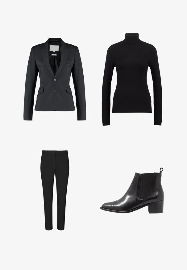 Sort blazer, skræddersyet pasform, satin stof, spids lapel, to-knaps lukning, enkelt brystlomme, to sidelommer, glat tekstur.; Sort turtleneck sweater lavet af blød stof, med lange ærmer og en tætsiddende silhuet. Enkel design uden synlige mønstre eller dekorationer.; Sorte slim-fit-bukser med bæltestropper og flad front, vist mod en ensfarvet hvid baggrund.; Sorte læder ankelstøvler med elastiske sidepaneler, rund tå og tekstureret blokhæl. Har en løkke til at trække i bagpå for nem påtagning.