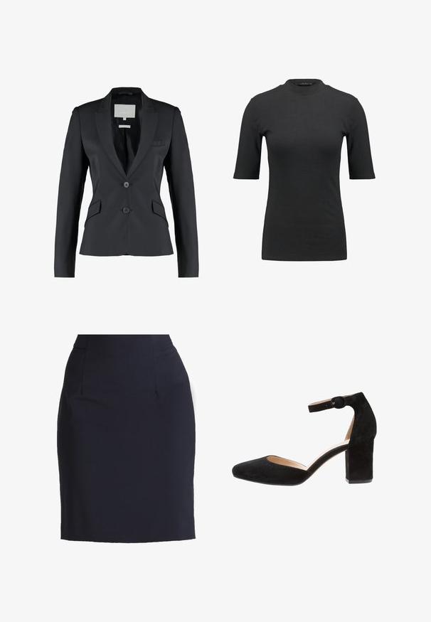 Zwarte blazer, getailleerde pasvorm, satijn stof, notch revers, dubbele knoopsluiting, enkele borstzak, dubbele zijzakken, zachte textuur.; Zwarte geribbelde T-shirt met een hoge hals en korte mouwen. Gladde, aansluitende pasvorm zonder patronen of zichtbare hardwaredetails.; Marineblauwe kokerrok van een soepele stof met een aansluitende silhouet, voorzien van voorzakken en subtiele naden voor een gestructureerde look.; Zwarte suède pumps met een spits toelopende neus, enkelbandje en een chunky hak. Heeft een uitsnijdingsontwerp aan de zijkanten.